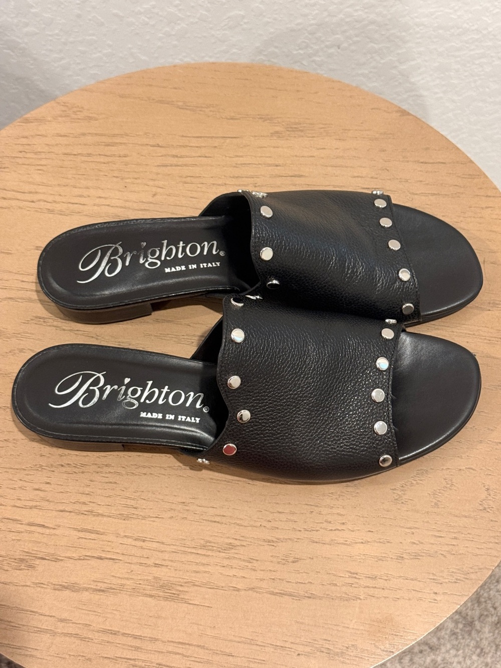 Brighton Black Leather Stud Slide Mules Made in Italy